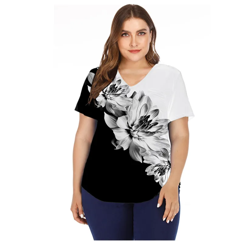 

Женская летняя футболка с цветочным принтом, размеры до 3XL