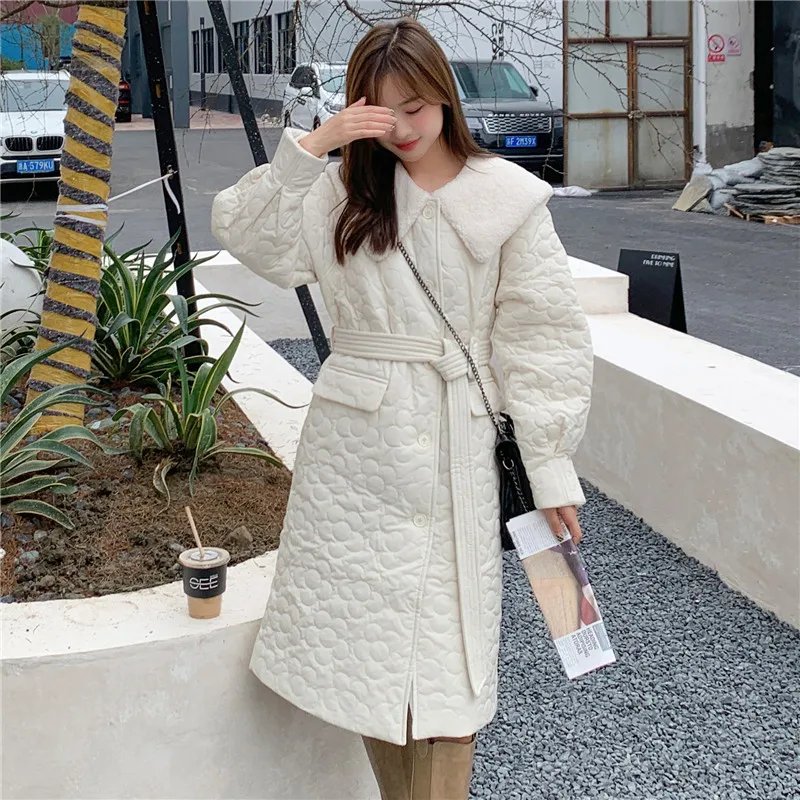 

Зимняя одежда 2021, модная женская куртка с меховым воротником и поясом, средней длины, белая хлопковая стеганая куртка, парка, женское элеган...