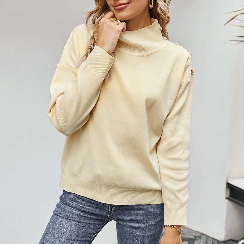 

Donsignet Fashion Women's Sweater New Spring Commuter High Neck Pullover Pure Color Loose Plus Size Knitted Long-sleeved Sweater