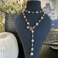 35 freshwater white pearl chain necklace silver plated bee connector clip long necklace