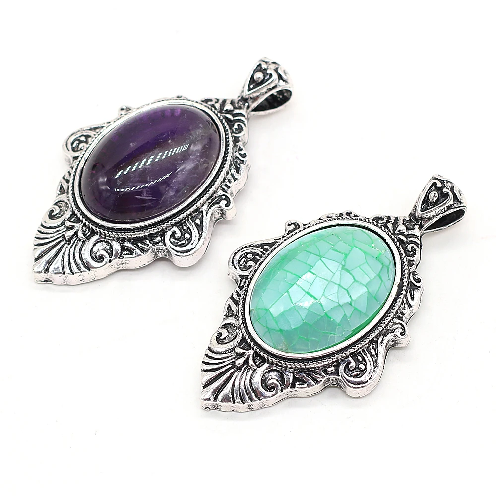 

Vintage Natural Stone Alloy Oval Pendant Amethysts Malachite Abalone Shell Charms for Jewelry Making DIY Necklace Gift 30x55mm