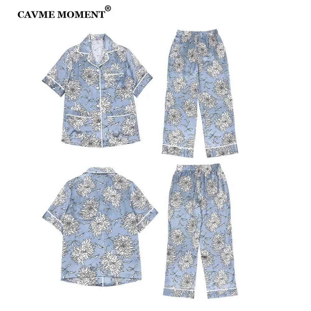 CAVME 100% Silk Pajama Sets for Women 2 Pieces Short Sleeve Sleepwear Plus Size Ladies Homewear Printing Nightwear