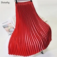 korean women fashion pleated satin long skirt female chic streetwear elastic high waist red skirts saia 2021 autumn winter sk245