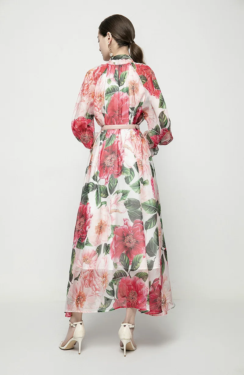 

Spring 2021 New Maxi Dress Women Fashion Rose Print Holiday Elegant Dress Slimming Lantern Sleeves Elegant Floor-length Dress