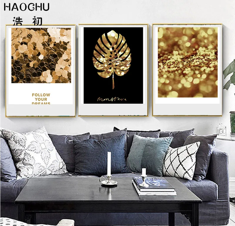Золото абстрактные Лист Плакат домашний декор Скандинавская Картина на холсте