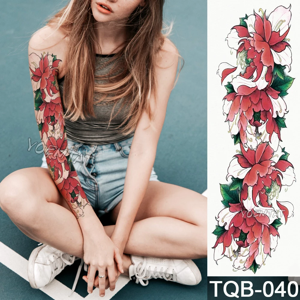 

NEW 48*17cm Full Flower Arm Tattoo Sticker red Peony Temporary Body paint Water Transfer fake Tatoo sleeve