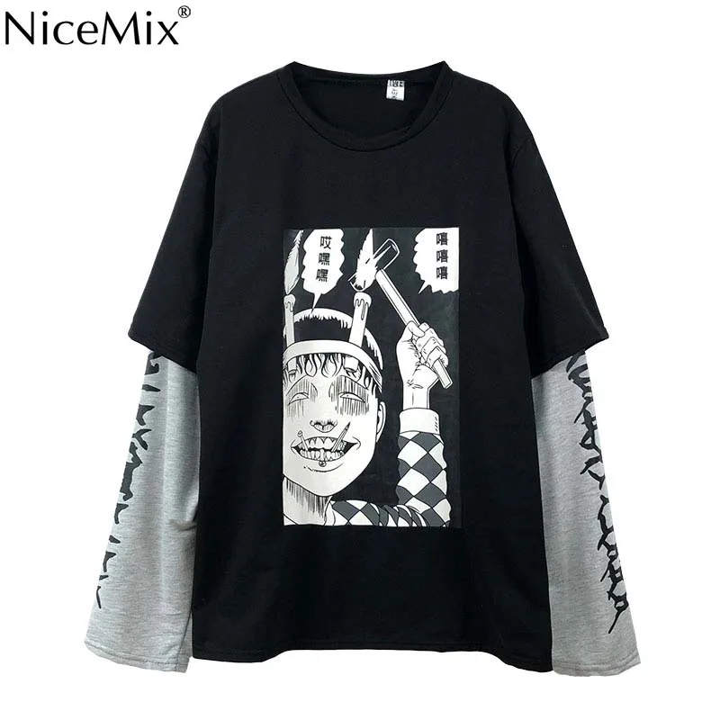 21316black NiceMix Harajuku футболка женская поддельная 2 шт. принт японский Fujiang Ужасы комиксы длинный рукав рубашка Женская Vetement Femme - Цвет: 21316black