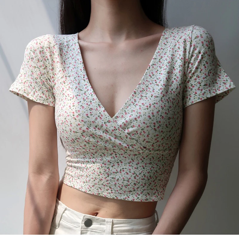 

Top Women's Summer 2021 V-neck Printed T-shirt Ladies Short Sleeve Short Top Cropped Top Ladies Casual High Stretch Tight Woman