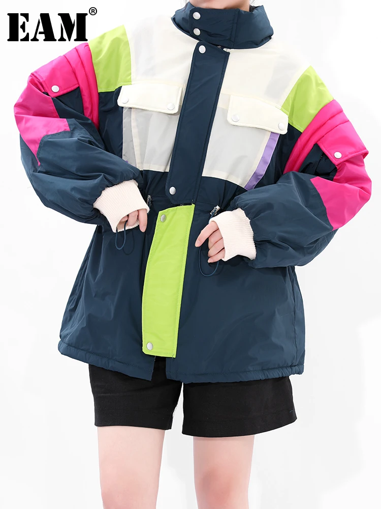 

[EAM] Женская джинсовая куртка из овечьей шерсти на шнурке, большой размер, новое пальто с воротником-стойкой и длинным рукавом, модная осенне-...