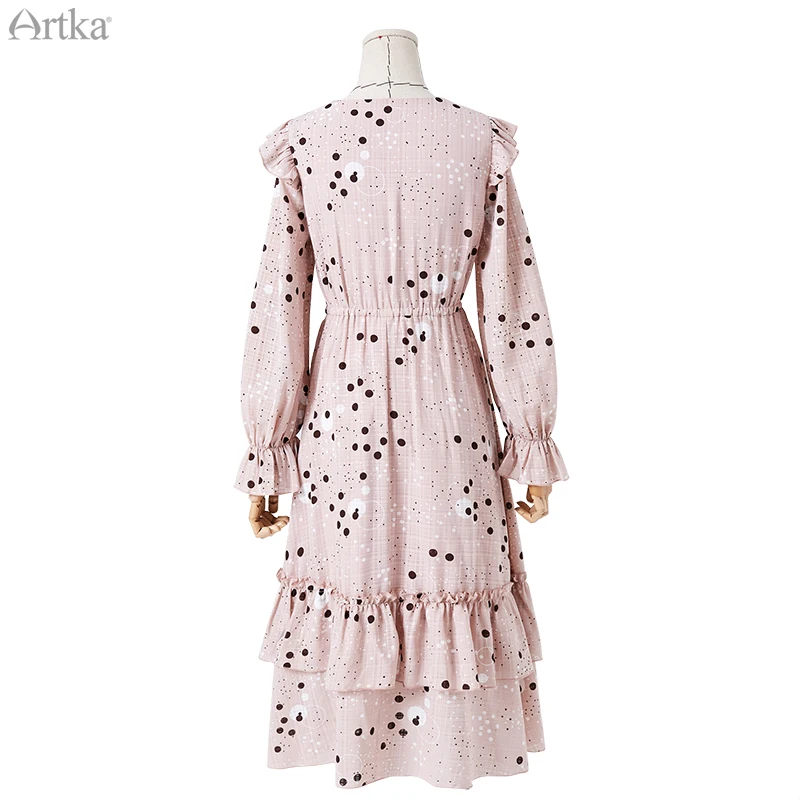 Женское шифоновое платье в горошек ARTKA длинное асимметричное с оборками и