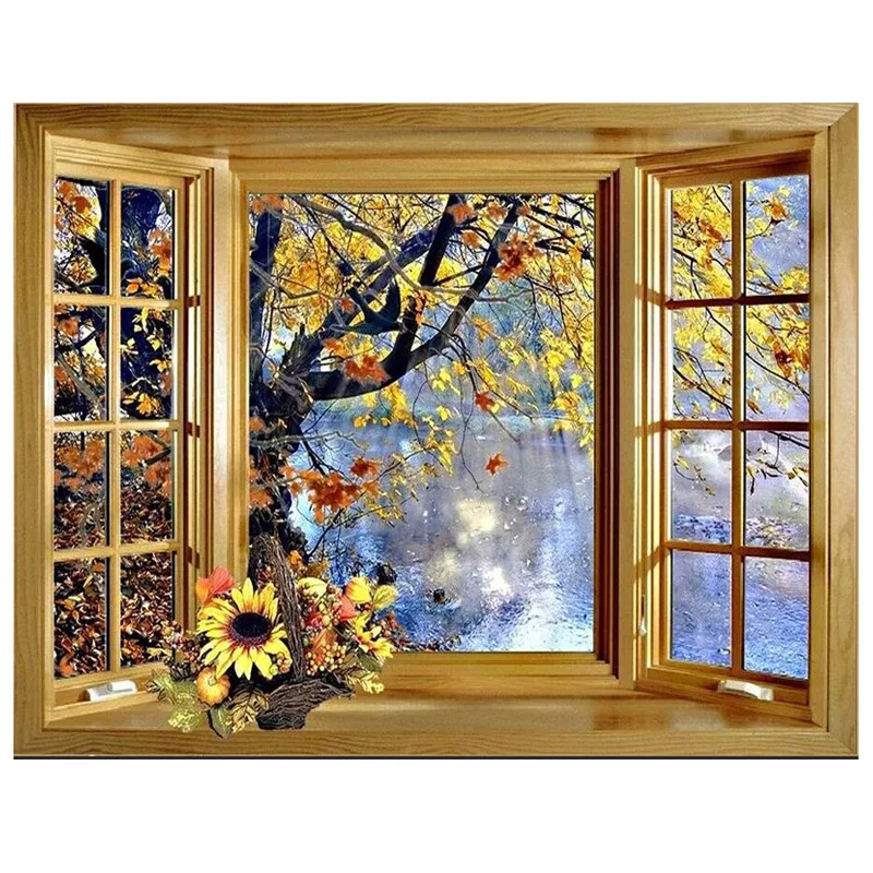 

5D Diy Diamond Painting window outside tree lake scenery Cross Stitch Full Square Round Drill Wall Arts & CraftsZP-2461
