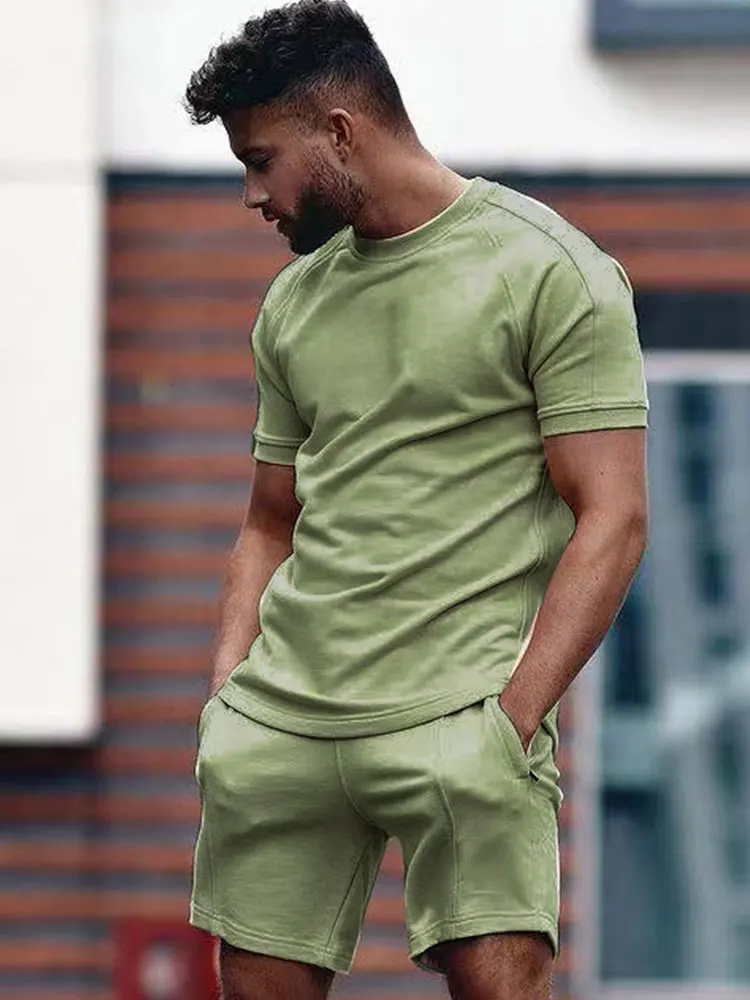 Мужской повседневный комплект Однотонная футболка с круглым вырезом и шорты