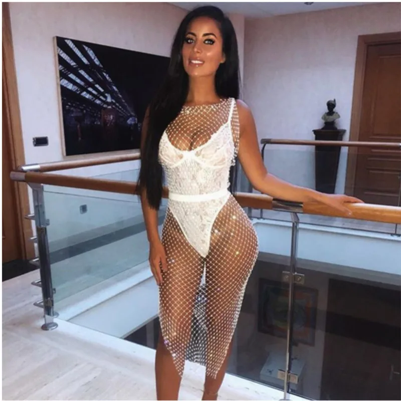 Сексуальное летнее пляжное платье JIEZuoFang в сеточку со стразами женское