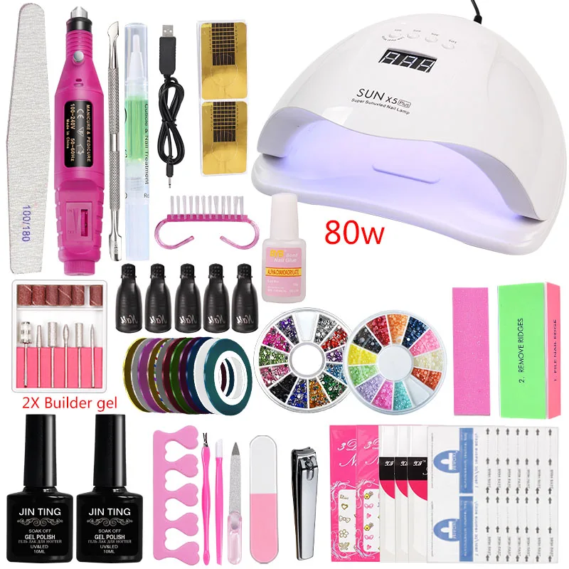 80w x5 no gel set Маникюрный набор 36 Вт/48 Вт/80 Вт и Светодиодный УФ-лампа 10 шт. набор гель-лака для наращивания ногтей Наборы для дизайна ногтей Электрический Маникюрный станок набор ручек - Цвет: 80w x5 no gel set