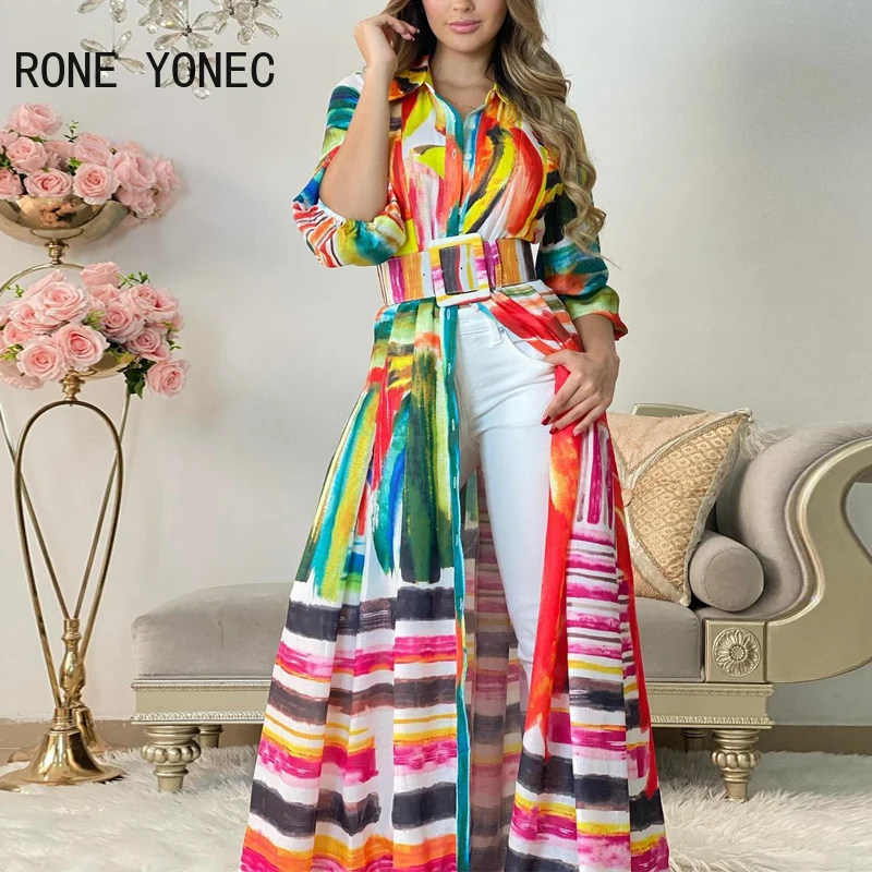 

Women Elegant Tie dye Lantern Sleeves Sashes Maxi Colorful Dresses Tops