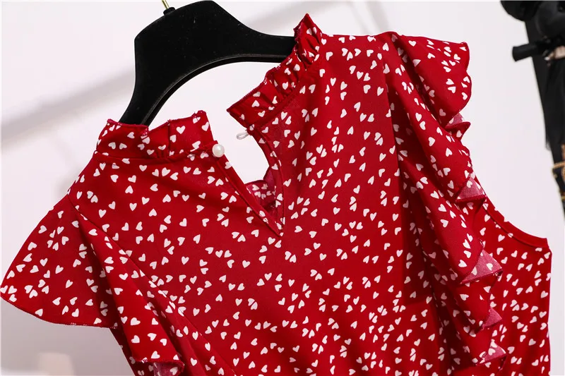 

2021 New Summer Dot Print Dress Women Elegant Love Print Casual Butterfly Sleeve Ruffles Medium Long Chiffon Dresses Mujer