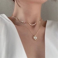 fashion contracted double metal necklace geometry heart pendant necklace vintage pearl chain clavicle necklace for women jewelry