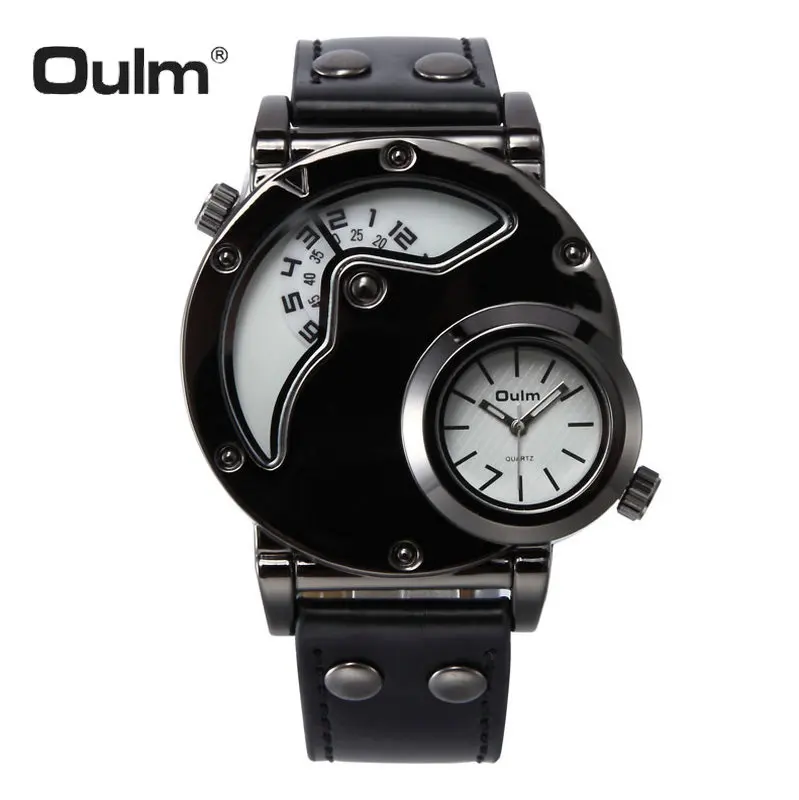 OULM Винтаж уникальные часы класса люкс кварцевые с кожаным ремешком 2 временными