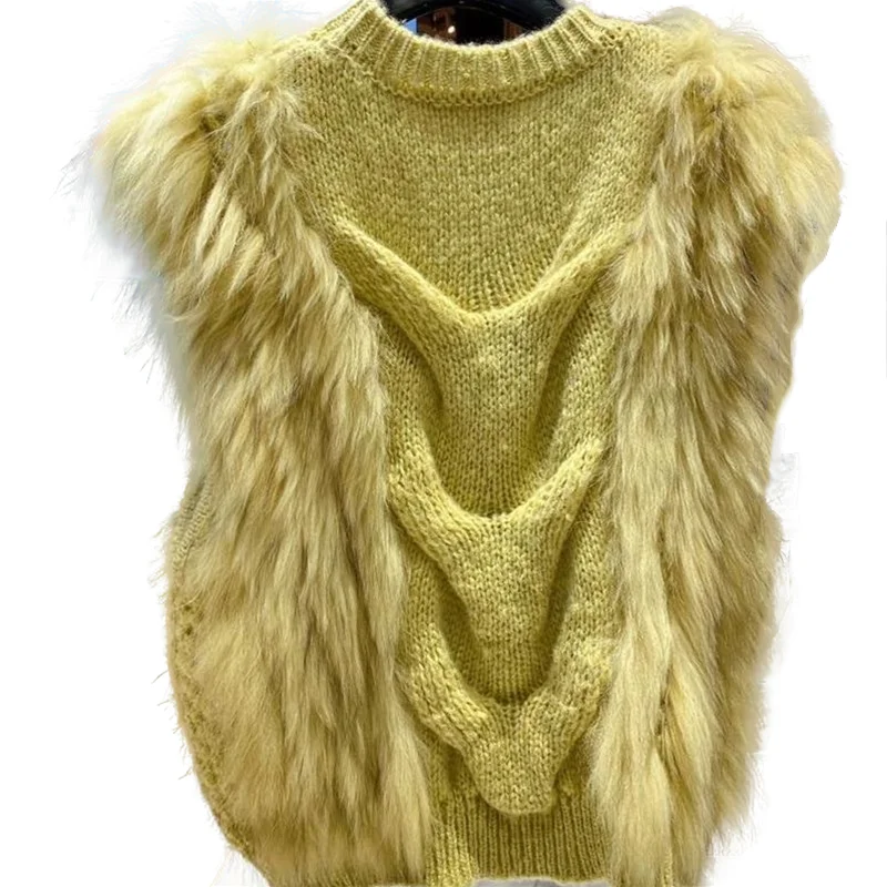 

Женское вязаное пальто, пуловер с круглым вырезом и натуральным мехом енота, 100%