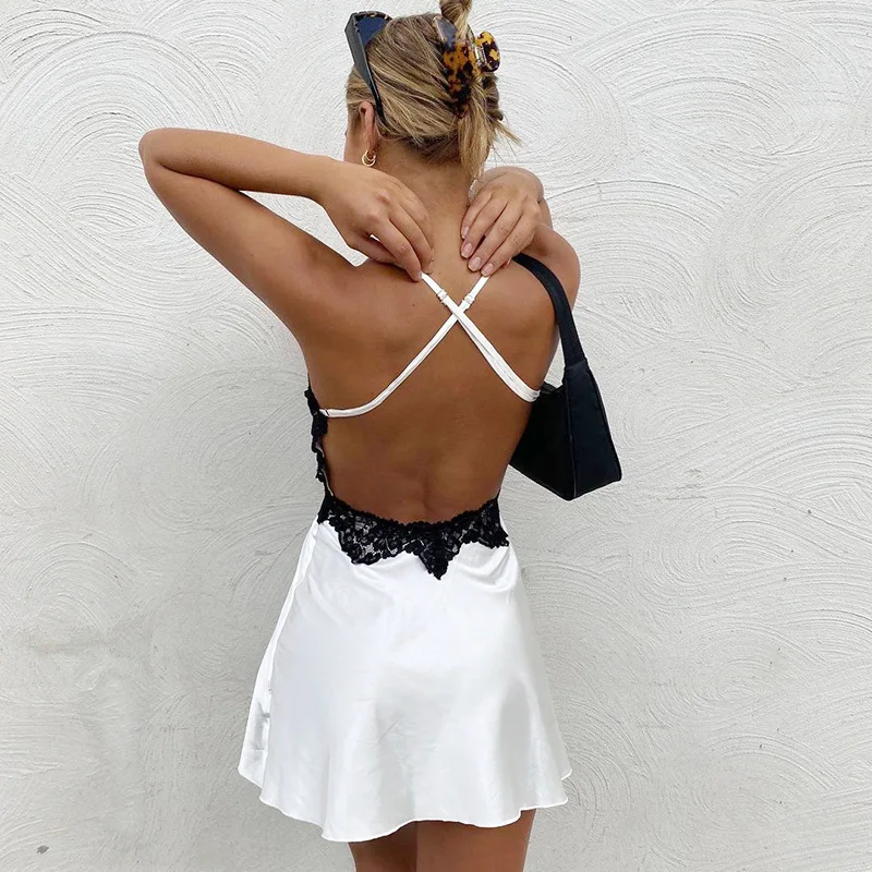 

WJFZQM Spaghetti Strap V-neck Lace Patchwork A-line Mini Dresses Backless Women Lace Up Sleeveless White Ladies Dress Vestidos
