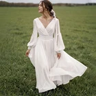 Шифоновое свадебное платье-трапеция, с длинными рукавами, до щиколотки, с открытой спиной, 2021, с V-образным вырезом, простое, в стиле бохо, для пляжа, размера плюс