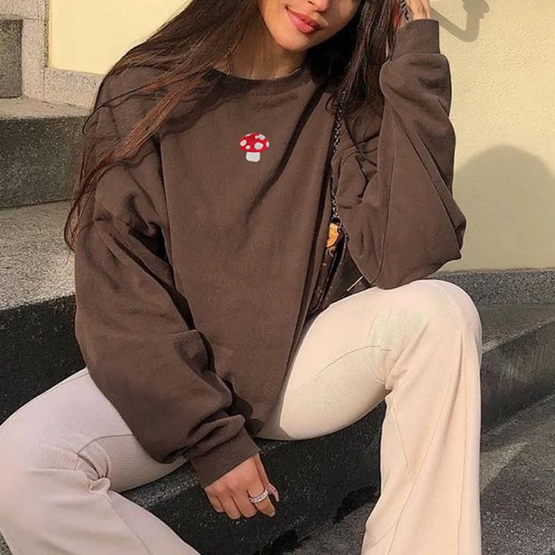 

Women's Fashion Embroidered Loose Round Neck Long Sleeve Sweatshirt Brown