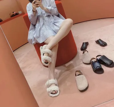 

Shearling Hairy Shoes Women Early Autumn Flat-bottomed Fashionable Lazy All-match Ankle-Wrap Sandals Metal Buckle Strap Shoes