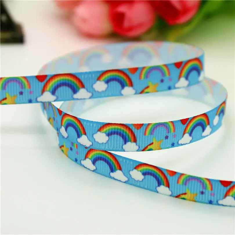 

DHK 3/8'' 5yards rainbow printed grosgrain Ribbon headwear hair bow diy party decoration wholesale OEM 9mm E1333