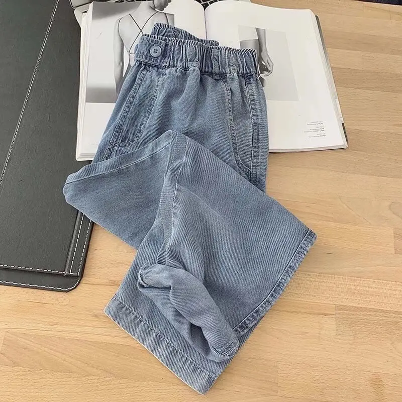 

Wide-leg Ultra-thin jeans women autumn elastic waist straight loose pants Hong Kong-style trend wild fashion oversized trousers