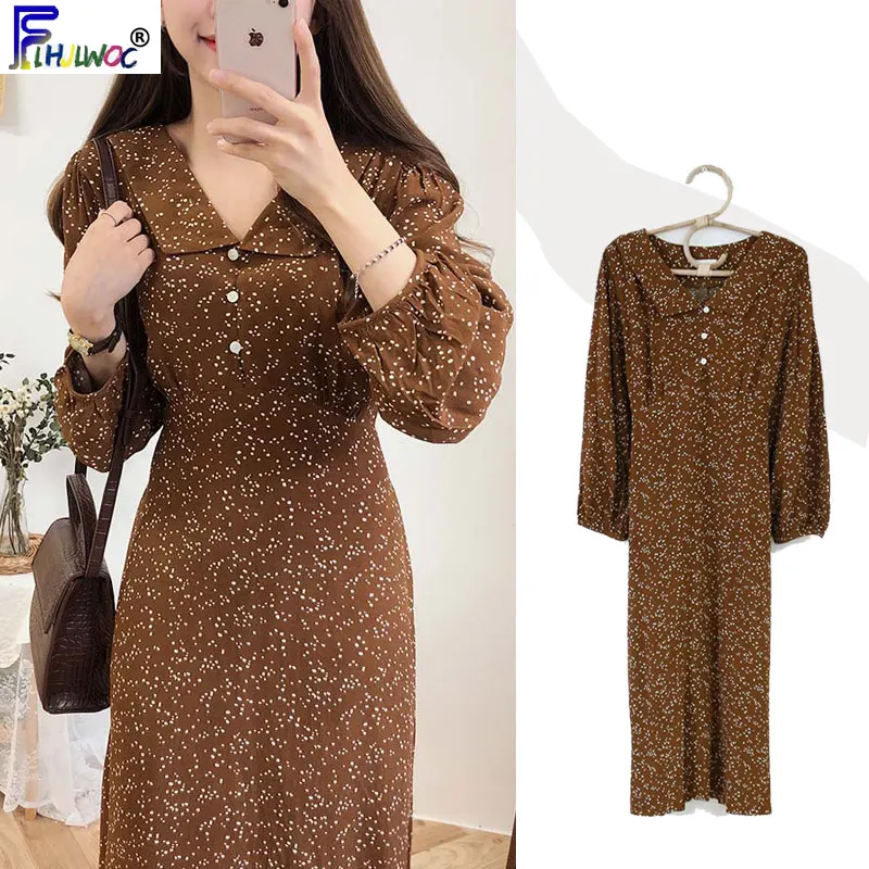 Женское винтажное платье в горошек длинное базовое с длинным рукавом корейском и