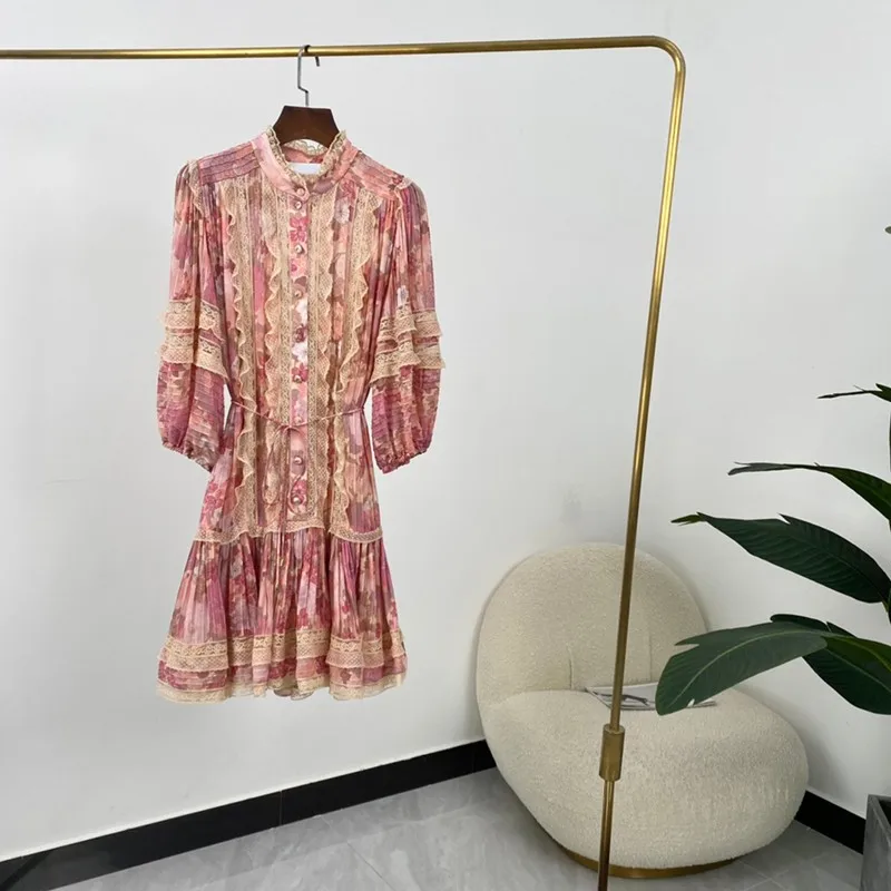 

New Summer Women Fashion A-line Pink Flower Print Long Sleeve Folds Mini Dresses High Quality 2021