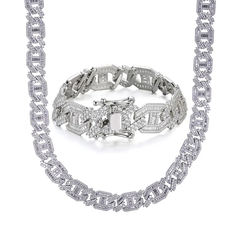 Hip Hop 15MM Heavy Miami Baguette Zircon Iced Out Cuban Link Necklace AAA CZ Prong Setting Necklaces Hip Hop Jewelry 18'' 24''