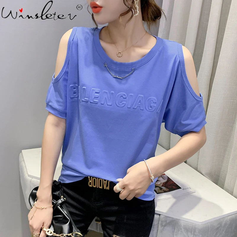 

Summer European Clothes Cotton Loose T-Shirt Fashion Sexy Off Shoulder Letter Women Tops Short Sleeve All Match Tees New T16706A