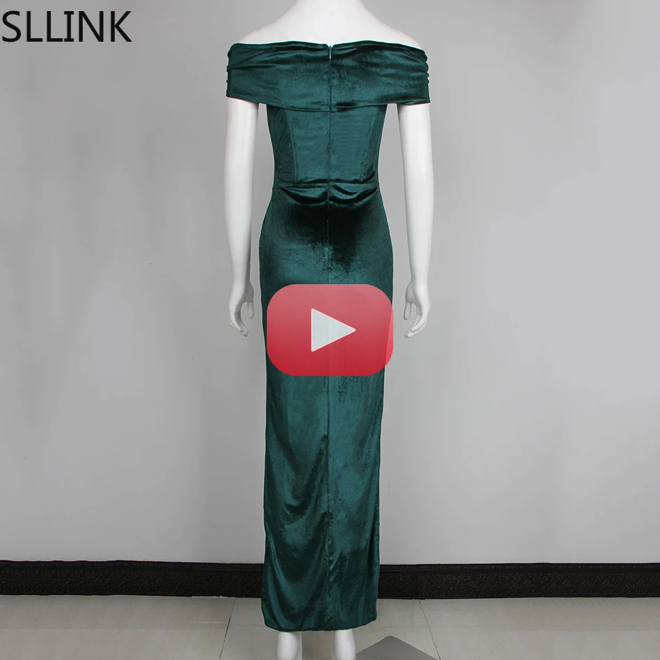 

2021 New Women's Fashion Green Bodycon Velvet Sexy Off Shoulder Split Long Dress Fashion Celebrity Club Party Vestido