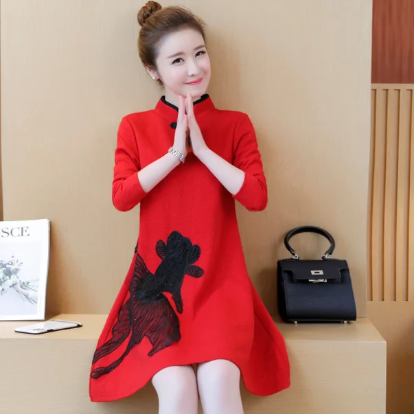 5XL осенне-зимнее мини-платье для женщин китайское теплое хлопковое платье с