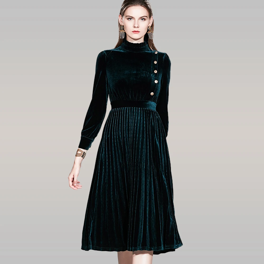 

SRD Winter Long Sleeve Velvet Dress Women High Waist Slim Button Pleated Dress Office Lady Elegant Green Turtleneck Knee Dresses