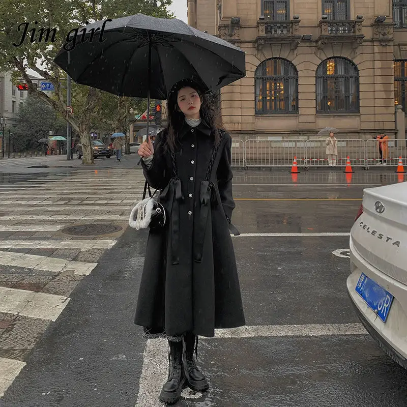 

Винтажное Женское шерстяное пальто Goth, Длинное Элегантное пальто во французском стиле, зимняя ветровка оверсайз, Корейская Милая Толстая т...