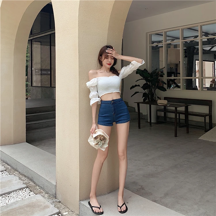 

Jean Shorts Women Summer High Waist Button Design Slim Fit Sexy Female Skinny Short Jeans Blue Black Denim Shorts Street