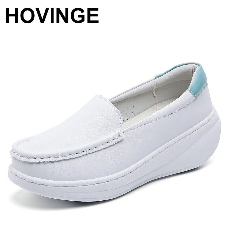 

HOVINGE Cowhide Platform Shoes Women White Nurse Shoes Sneakers Woman Flats Wedge Slip On Lady Loafers Non-slip Footwear Zapatos