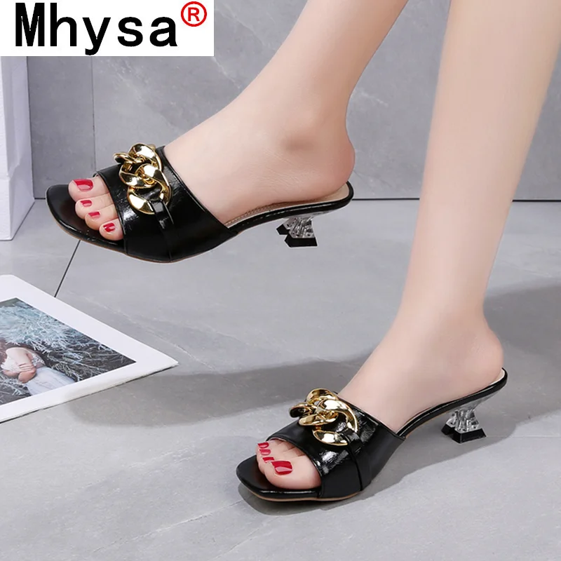 

Summer Women Slippers 2021 New Fashion Metal Chain Slippers Women Leather Square Toe Open Toe Flat Casual Women Beach Flip Flops