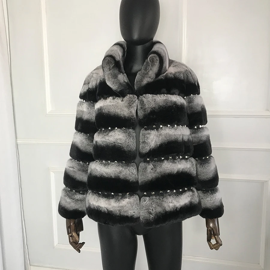 

Women Real Rex Rabbit Fur Jacket With Fashion Rivet Element Winter Fur Coat Plus Size Overcoat Customized
