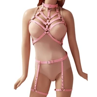 pink leather harness set body bondage holloew out cage bra sexy lingerie harajuku goth adjust bra club party dance festival rave