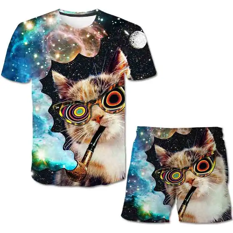 

New Summer animals hot sale Boys Kids Clothes cat Print Short Sleeve T-shirt + Shorts 2 Piece Set Boys Girls Clothing Sets