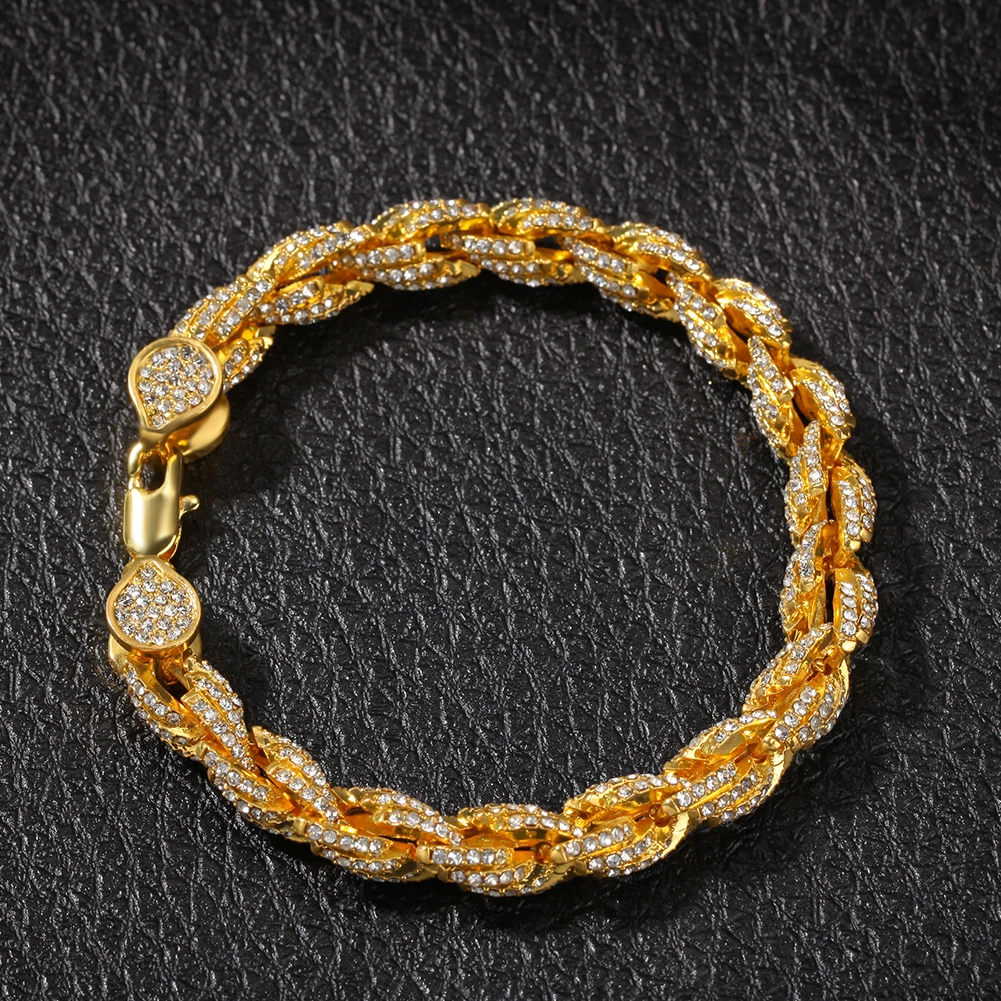 Хип-хоп золотой тон для мужчин s Bling Iced Rope браслет покрытый высоким качеством женский мужской браслет-цепочка для вечерние подарки