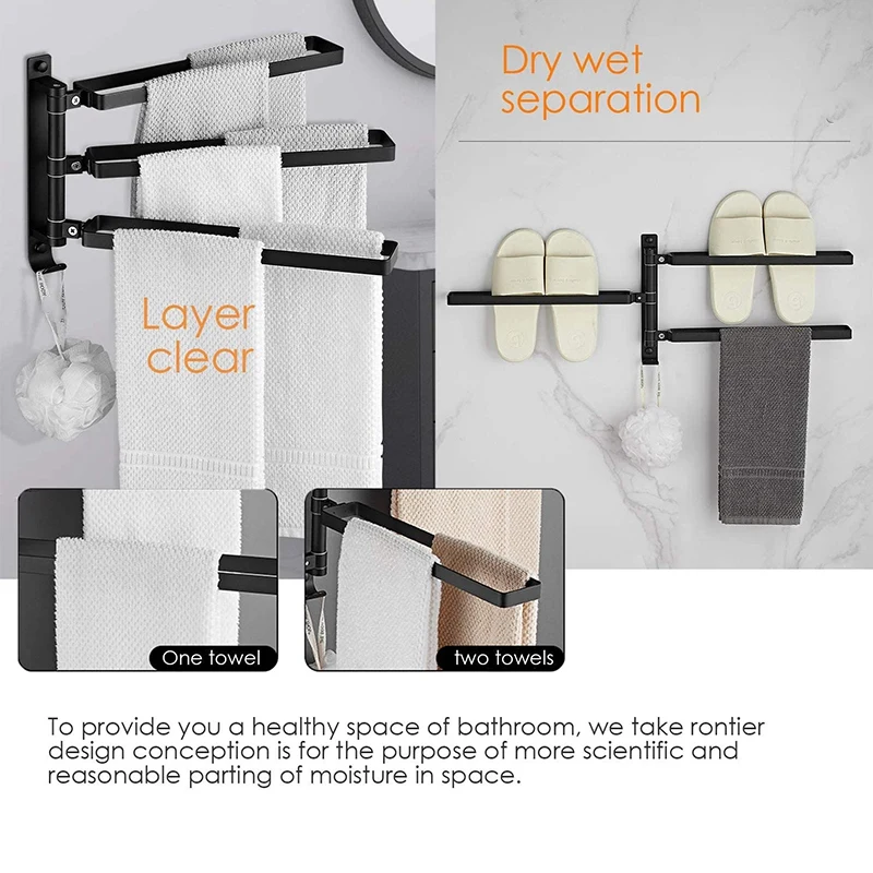 

Bathroom Towel Bar, Wall-Mounted Towel Rack, Aluminum 3-Bar Folding Arm, Rotating Hanger, Pot Cover Rack, Shoe Rack