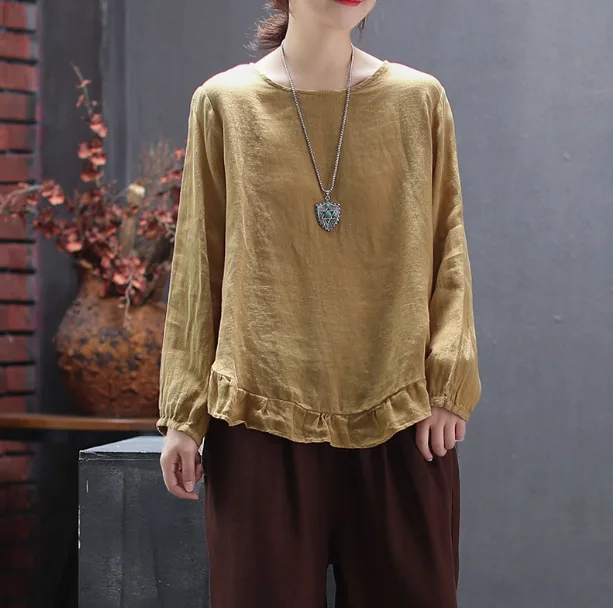 Women T-shirt Spring Autumn Retro Large size Loose Pullovers New Female Tops O-Neck Long-sleeved Button Mori girl Casual | Женская