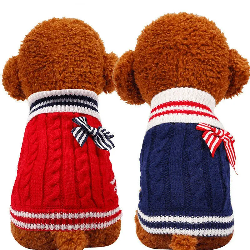 Dog Sweater Puppy Dog Pet Cat Warm Navy Sweater Bow Tie Checkered Cat Dog Sweater Teddy Bear Small Dog Clothes
