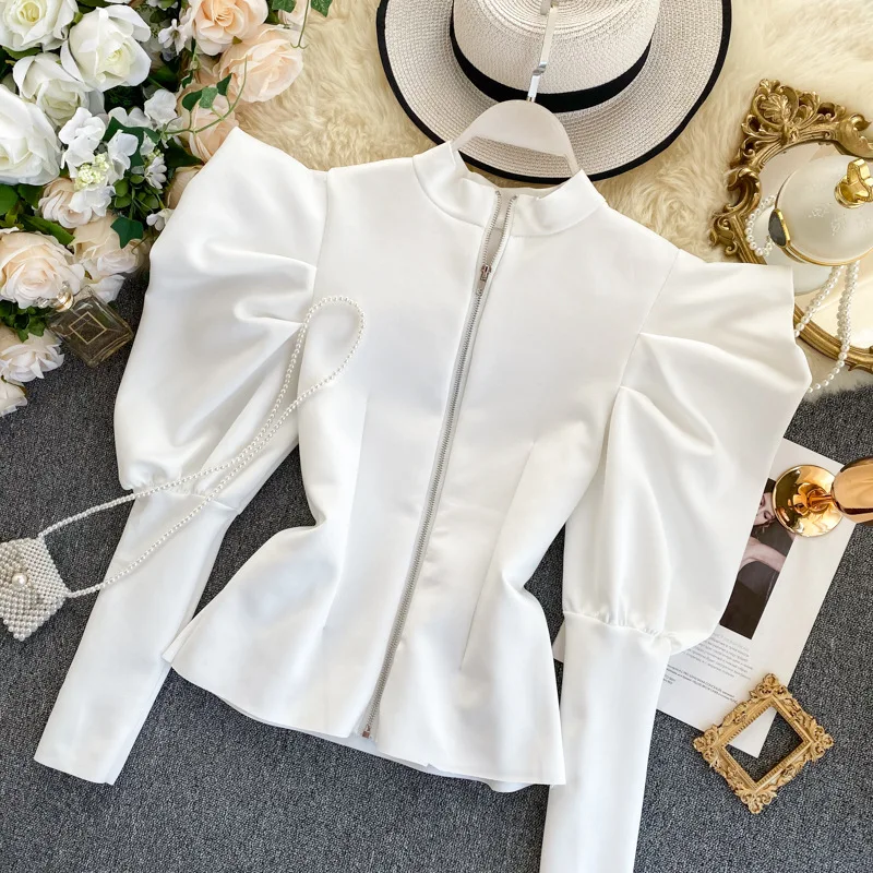 

Women Vintage Chiffon Crop Tops Puff Sleeve Stand Collar Blouses and Shirts for Ladies Zipper Front Back Wearing Fashion Blusas
