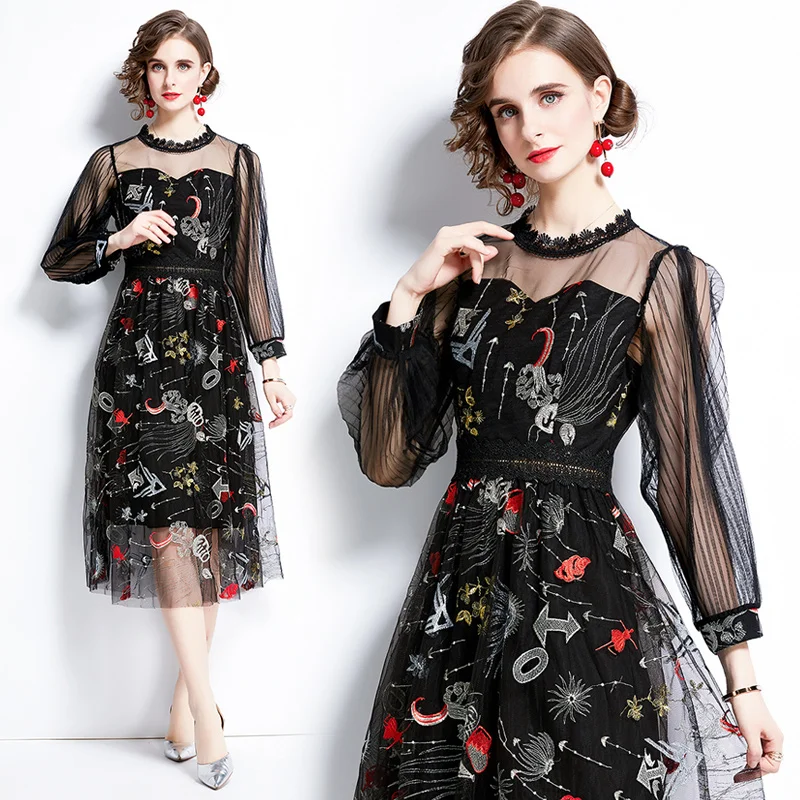

COIGARSAM Women Dress Autumn 2021 New Brief Office Lady Print Long Sleeve Embroidery Mesh O-Neck High Waist Black Color Dresses