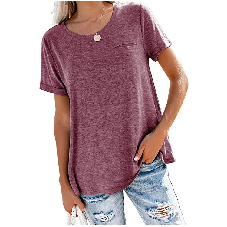 

Women T-Shirts Tops Round Neck Pockets Solid Color Loose Short-Sleeved T-Shirts